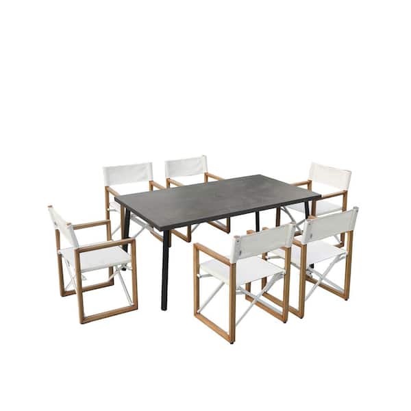 Label 7-Piece Iron Rectangular Outdoor Dining Table Set with Textilene Fabric Folding Chairs