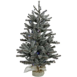 4 ft. Yardville Pine Artificial Christmas Porch Tree with Rustic Burlap Base and Multi-Color LED Lights