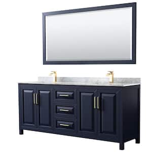 Daria 80 in. Double Vanity in Dark Blue with Marble Vanity Top in White Carrara with White Basins and 70 in. Mirror
