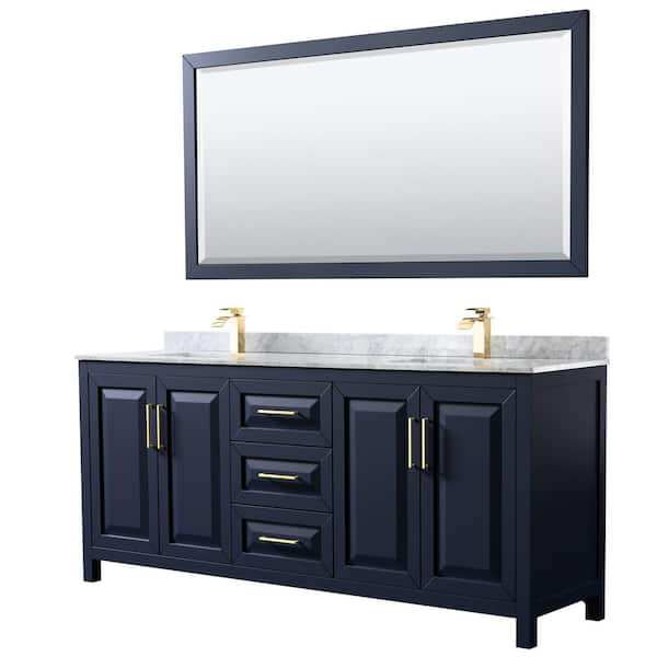 Wyndham Collection Daria 80 in. Double Vanity in Dark Blue with Marble Vanity Top in White Carrara with White Basins and 70 in. Mirror