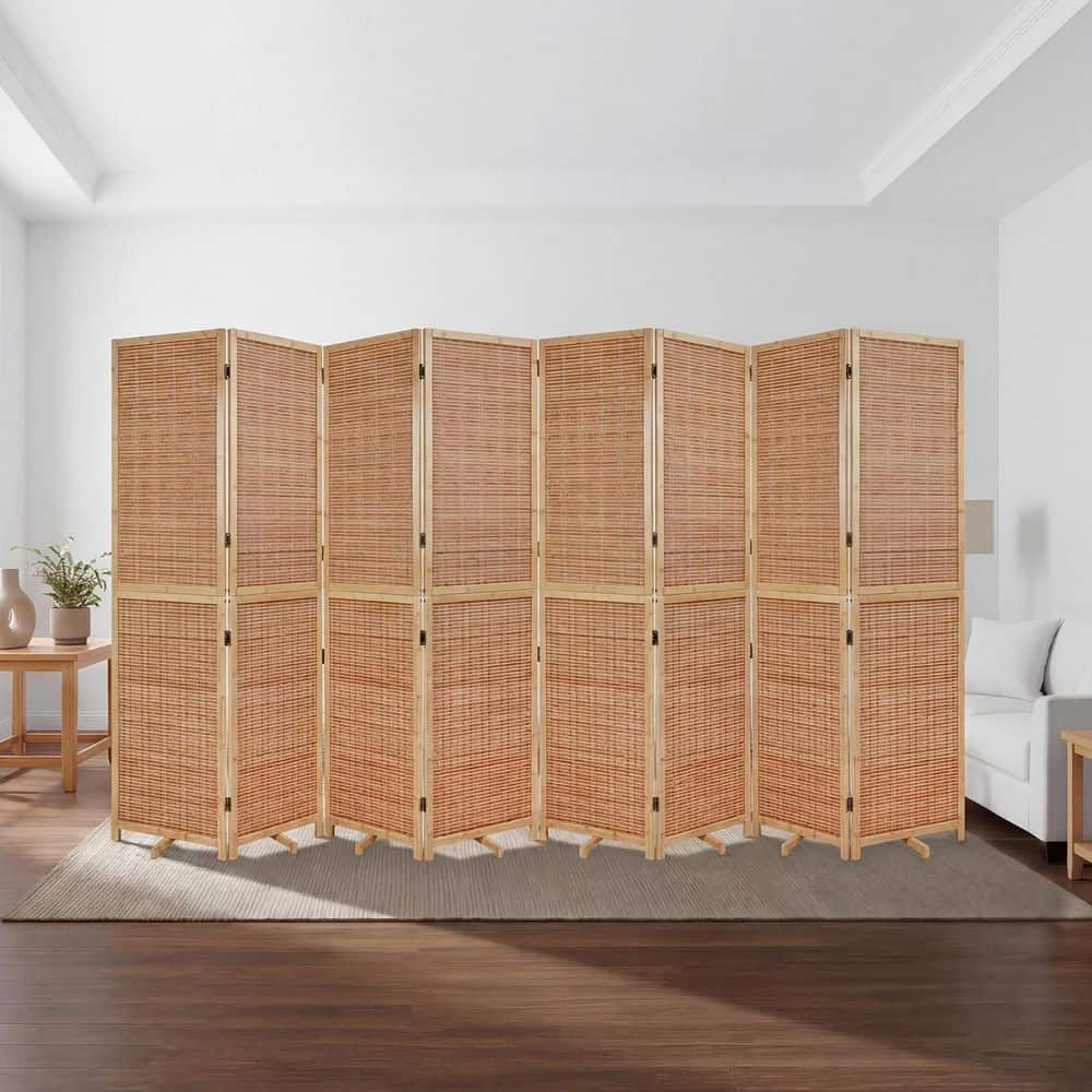 67 in. H x 141 in. W Natural 8-Panel Bamboo Removable Room Divider w/ Swivel Support Legs, Indoor Privacy Screen Panels