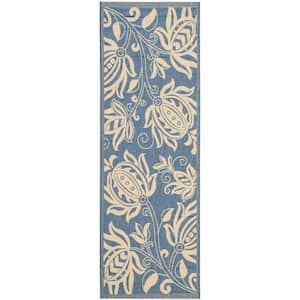 Courtyard Blue/Natural 2 ft. x 10 ft. Border Indoor/Outdoor Patio  Runner Rug