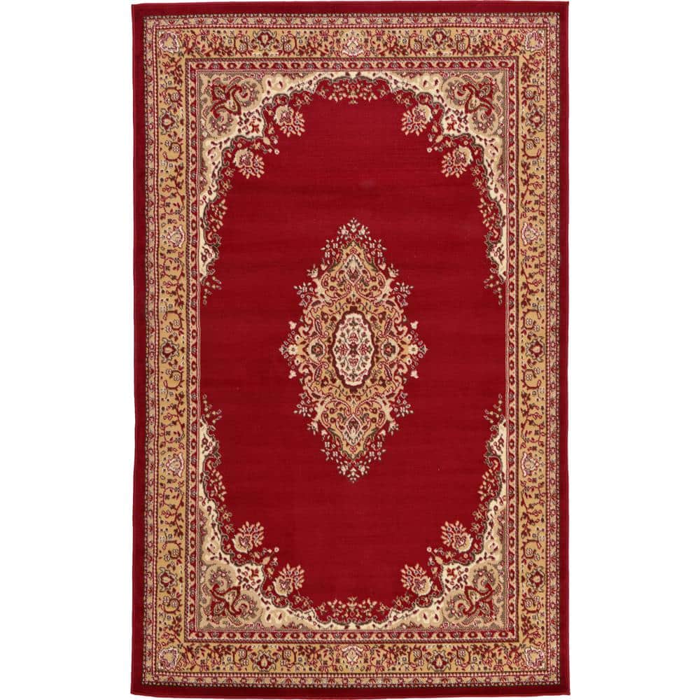 Elegant Medallion 5'3" x 8' Burgundy Synthetic Rectangular Rug