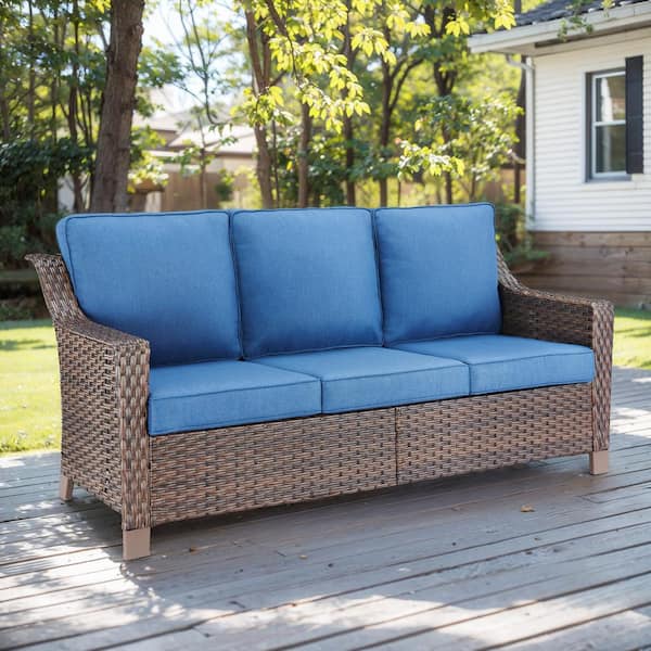moosprr Modern Luxurious 3-Seat Brown PE Wicker Outdoor Couch with Olefin Blue Cushions and 4 In. Wide Armrest