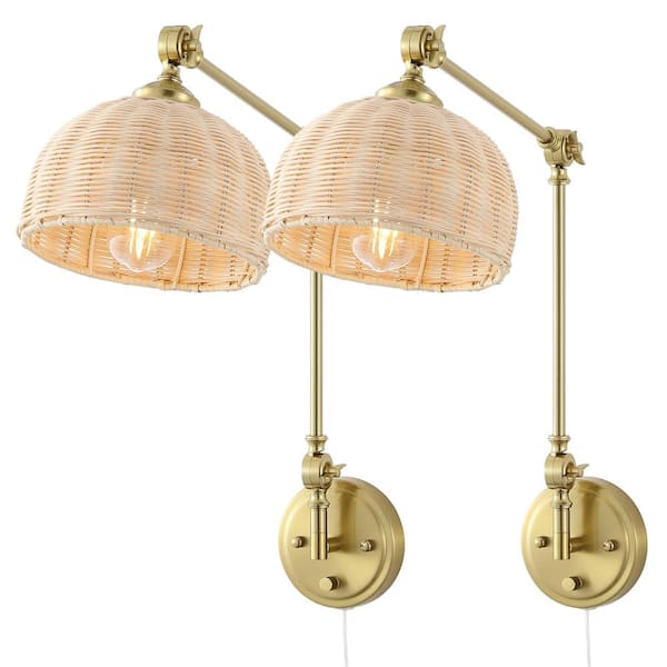 MLiAN 2-Light Indoor Swing Arm Wall Lamp with Rattan Lamp Shade (Set of 2), Gold