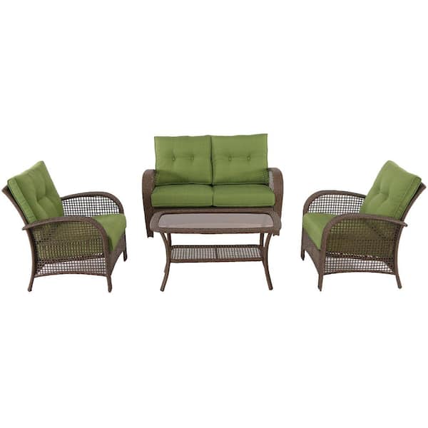 Hanover Kokomo 4-Piece Wicker Patio Seating Set with Green Cushions
