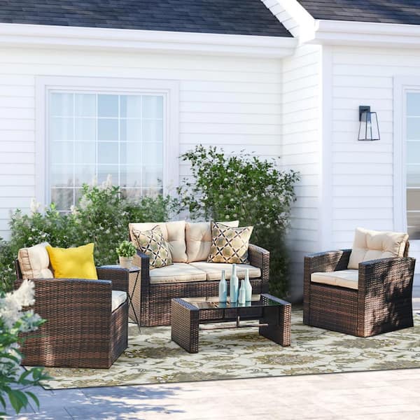 S'DENTE Roatan Dark Brown 4-Piece Wicker Patio Conversation Set with Beige Cushions