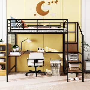 Black Full Size Metal Loft Bed with Built-in Desk, Metal Grid, Wardrobe and Lateral Storage Staircase