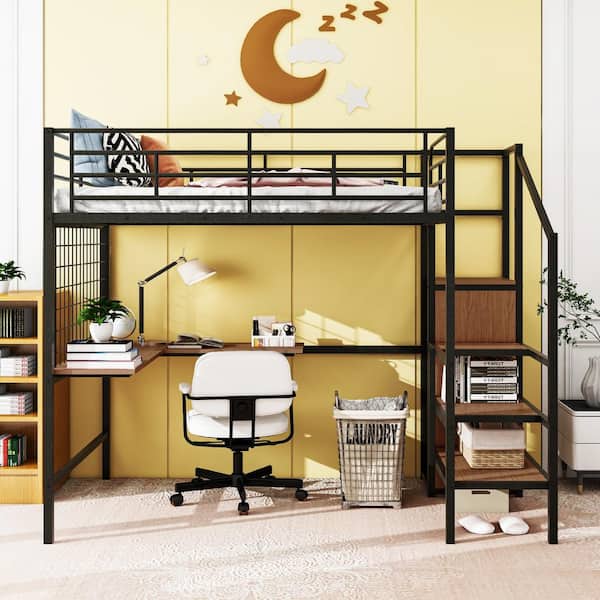 Harper & Bright Designs Black Full Size Metal Loft Bed with Built-in Desk, Metal Grid, Wardrobe and Lateral Storage Staircase