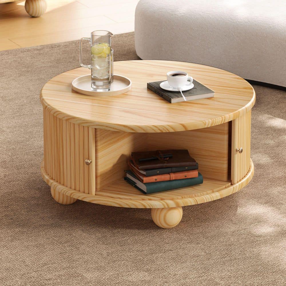 Seafuloy 31.8 in. Natural Round Pine Solid Wood Fluted Coffee