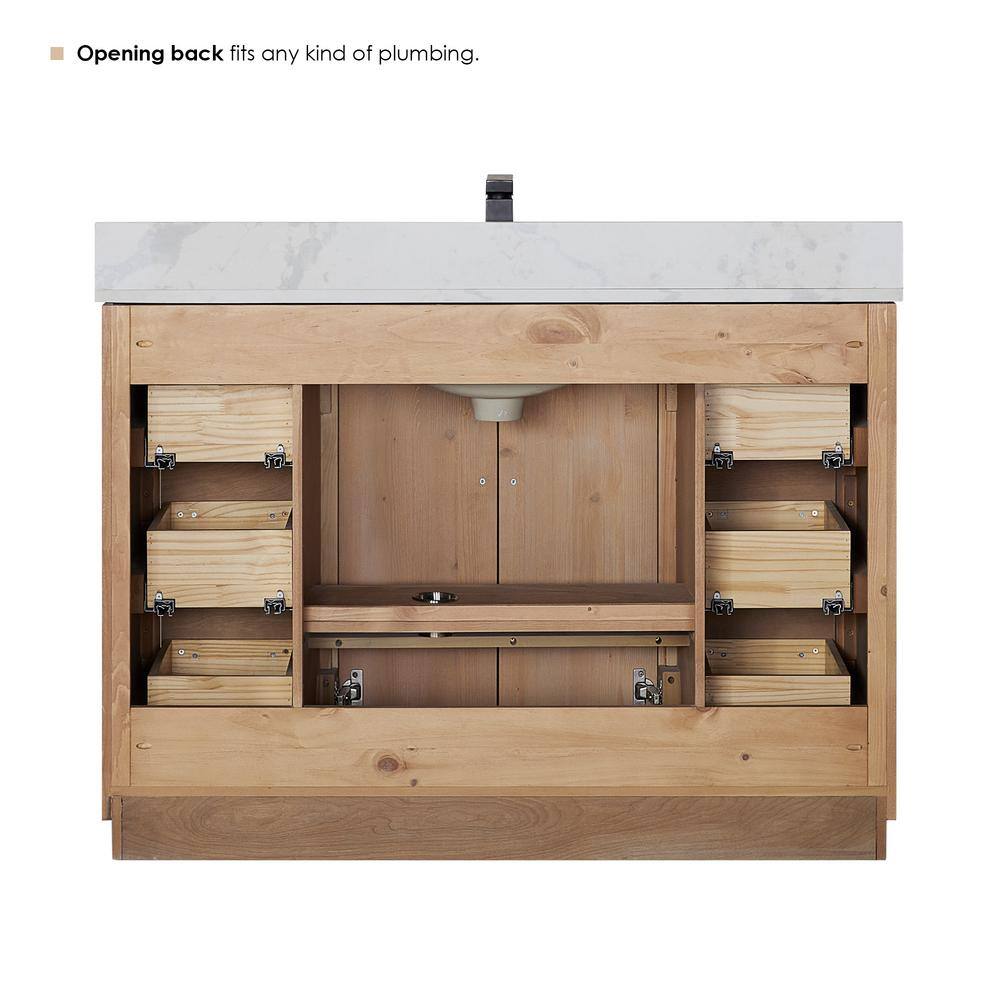 Light Brown Fir Wood Vanity with Calacatta Quartz Top, 48 Inch