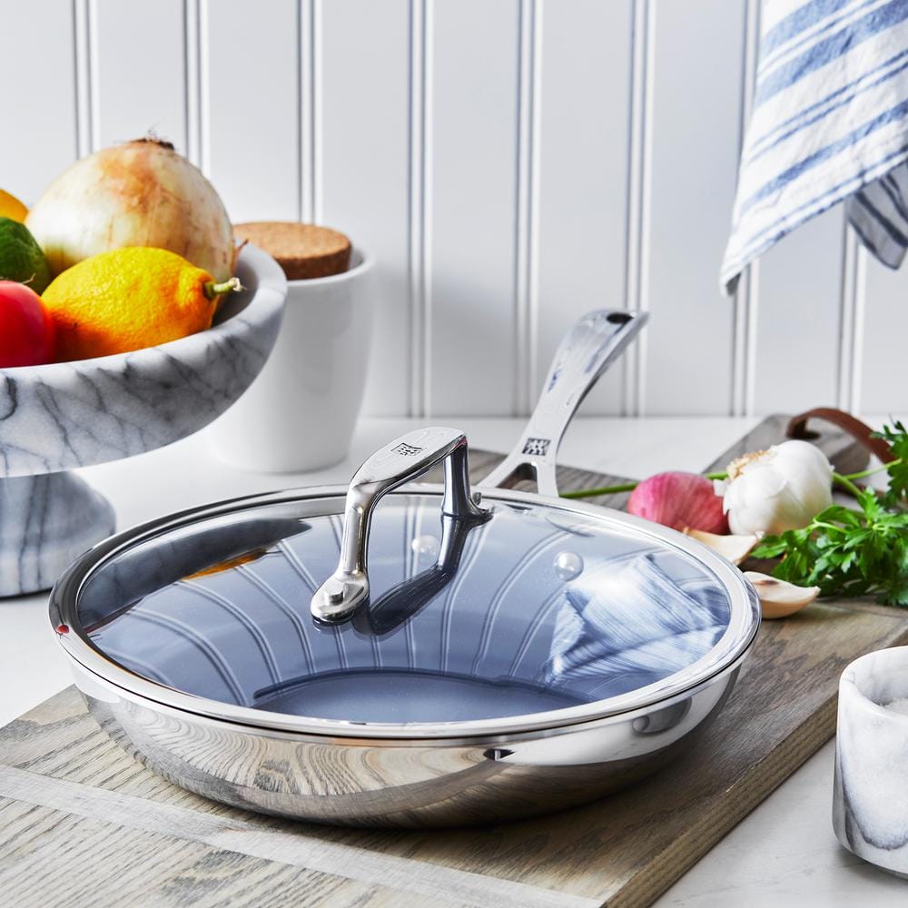 9.5-inch Silver Stainless Steel Ceramic Nonstick Fry Pan with Glass Lid