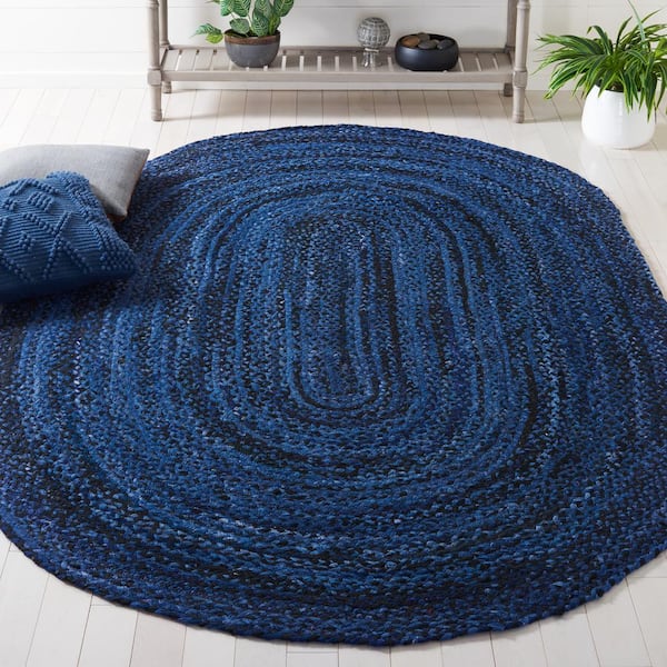 Braided Navy/Black 6 ft. x 9 ft. Oval Solid Color Striped Area Rug