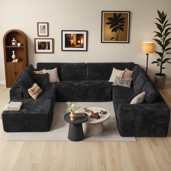 VH 135 in. Wide Arm 5-Piece Modern Plush Corduroy U-Shape Modular Sectional Sofa Chaise in. Black with Ottoman