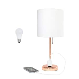 Oslo 19.5 in. Contemporary Bedside Power Outlet Base Metal Table Lamp in Rose Gold, White Shade, with LED Bulb