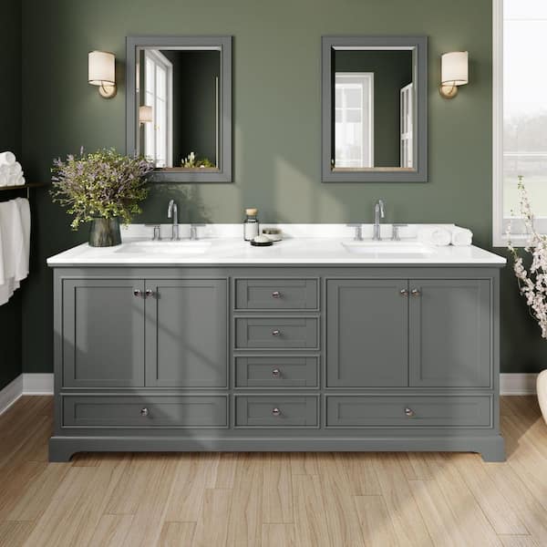 Wyndham Collection Deborah 80 in. W x 22 in. D x 35 in. H Double Bath Vanity in Dark Gray with White Quartz Top and 70 in. Mirror