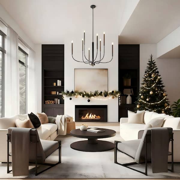 37.4 in. Modern 8-Light Black Chandelier Living Room Ceiling Light with Plated Brass Candle Design for Master Bedroom
