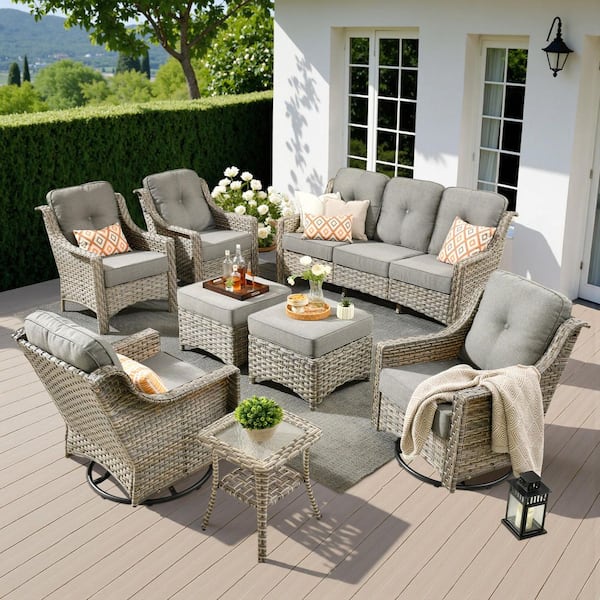 XIZZI BlissHaven 8 Pieces Wicker Patio Conversation Seating Sofa Set with Dark Grey Cushions and Swivel Rocking Chairs
