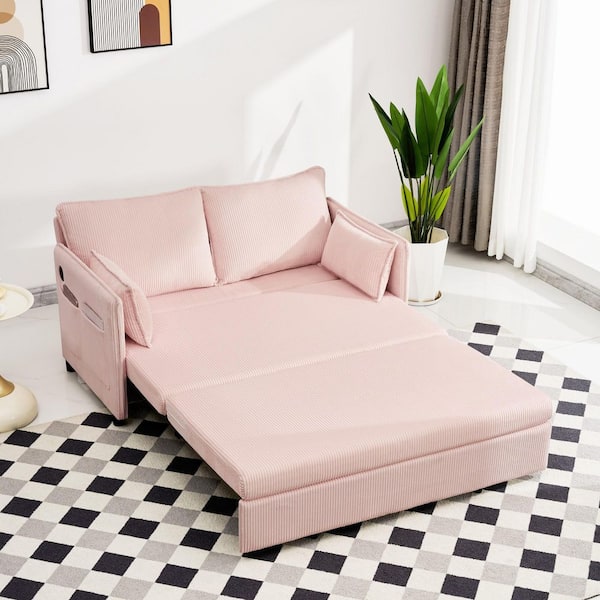 Claire Modern 55.5 in. Pink Corduroy Convertible Pull-Out Sleeper Twin Size Sofa Bed with USB Port, Storage Pockets