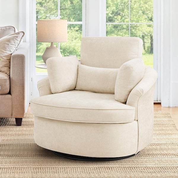 Beige Chenille Fabric Upholstered Swivel Barrel Chair with 3 Removable Pillows Swivel Accent Chair for Living Room