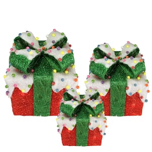 Lighted Snow and Candy Covered Sisal Gift Boxes Christmas Outdoor Decorations (Set of 3)