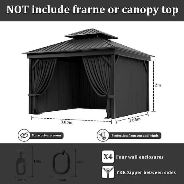 10 ft. x 10 ft. Universal Outdoor Privacy Curtains, Gazebo Curtain Replacement with Zipper Black (4-Side Curtain Only)
