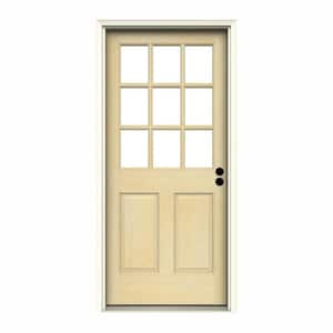 32 in. x 80 in. 9 Lite Unfinished Wood Prehung Left-Hand Inswing Back Door w/Primed Rot Resistant Jamb and Brickmould