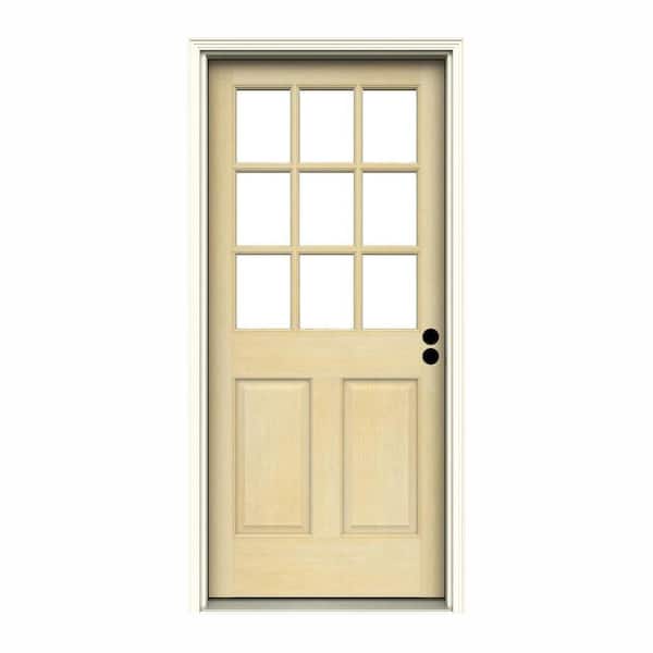 JELD-WEN 32 in. x 80 in. 9 Lite Unfinished Wood Prehung Left-Hand Inswing Entry Door w/Primed Rot Resistant Jamb and Brickmould