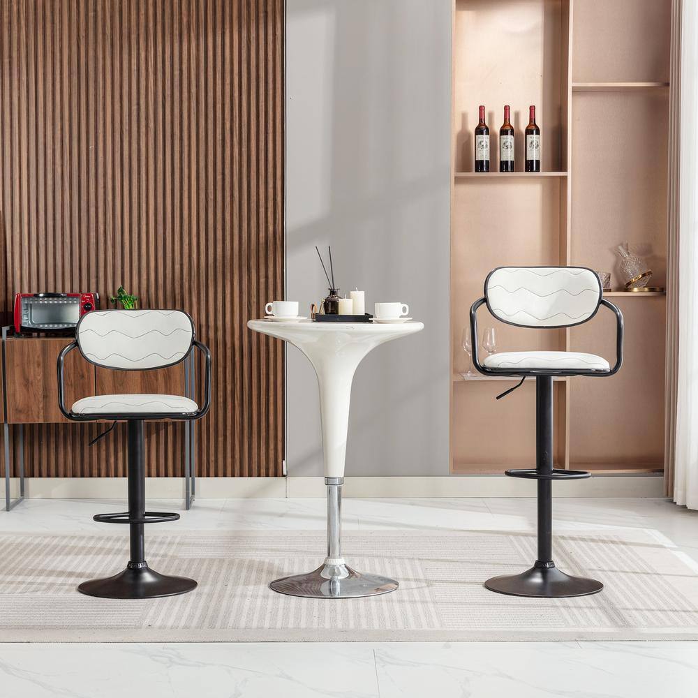 Adjustable White Faux Leather Swivel Bar Stools with Black Metal Frame, Set of 2