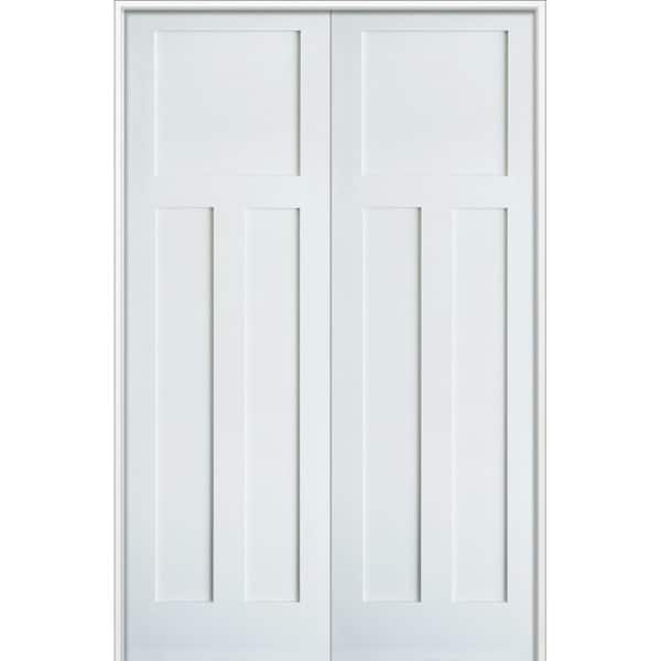Krosswood Doors 56 in. x 96 in. Craftsman Shaker 3-Panel Both Active MDF Solid Core Primed Wood Double Prehung Interior French Door