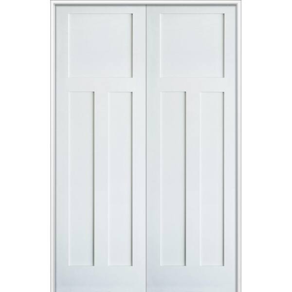 Krosswood Doors 60 in. x 96 in. Craftsman Shaker 3-Panel Both Active MDF Solid Core Primed Wood Double Prehung Interior French Door