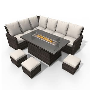 Jennifer Brown 6-Piece Wicker Patio Fire Pit Conversation Sofa Set with Beige Cushions