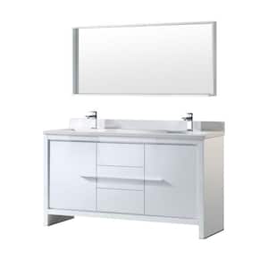 Allier 60 in. Double Vanity in White with Glass Stone Vanity Top in White and Mirror (Faucet Not Included)