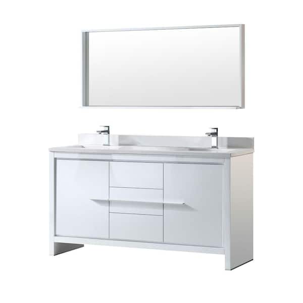 Fresca Allier 60 in. Double Vanity in White with Glass Stone Vanity Top in White and Mirror (Faucet Not Included)
