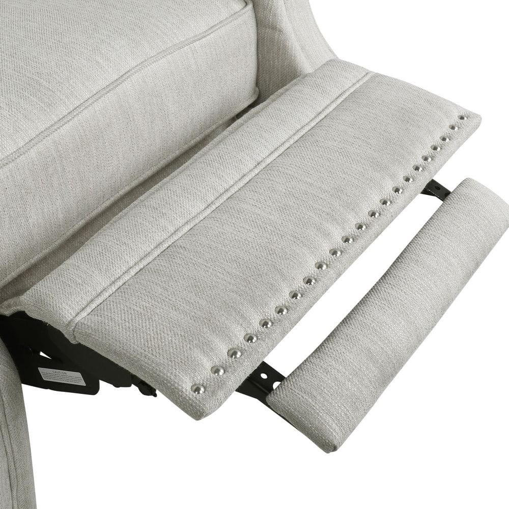 Handcrafted Beige Faux Leather Wood Recliner with Nailhead Trim