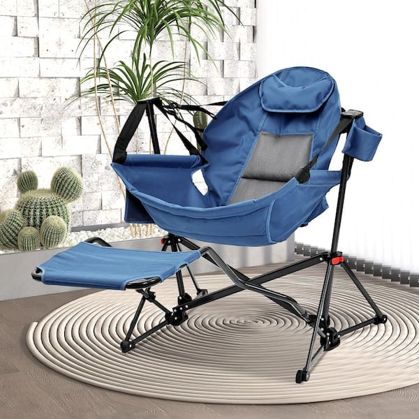 Hammock Camping Chair with Footrest Dark Blue Polyester Foldable Portable Rocking Chairs