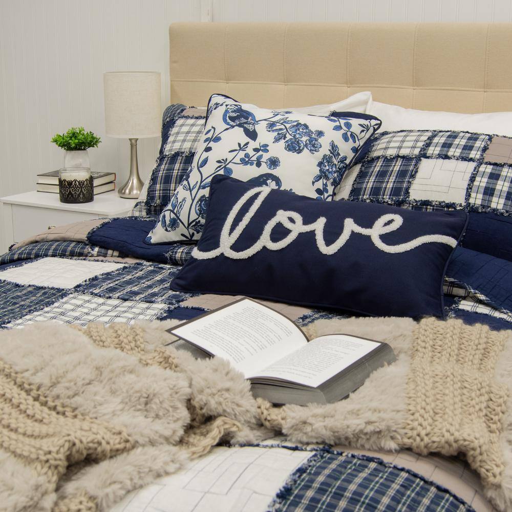 Checkerboard Indigo Cotton King Quilt Set with Shams