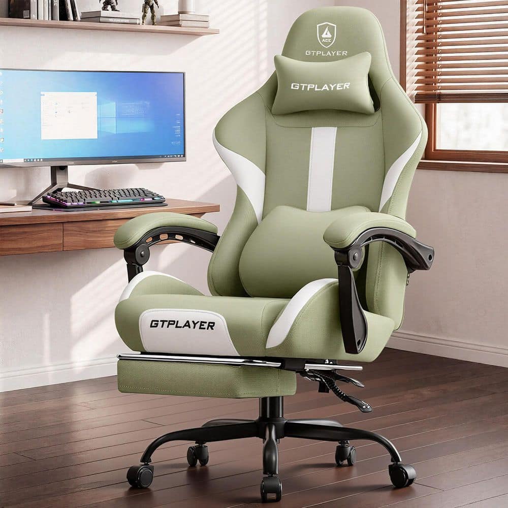 Breathable Fabric Computer Chair with Footrest and Pocket Spring Cushion Ergonomic Gaming Chair, Green