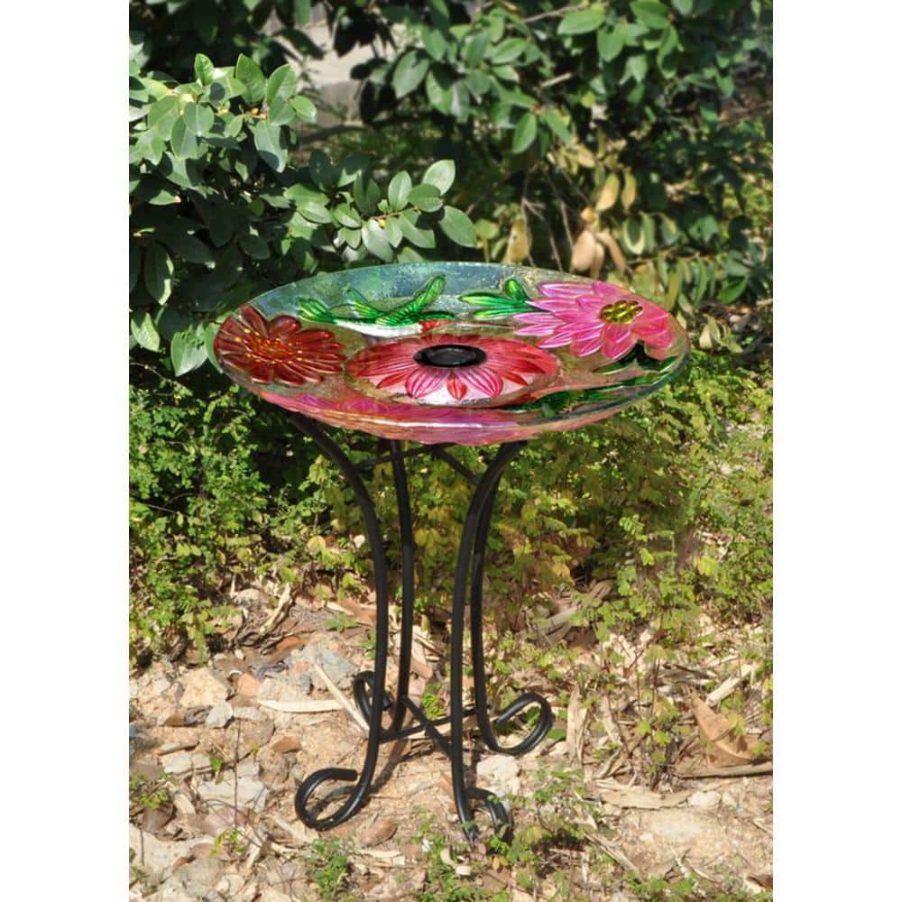 Solar Floral Glass Hummingbird Birdbath with Metal Stand