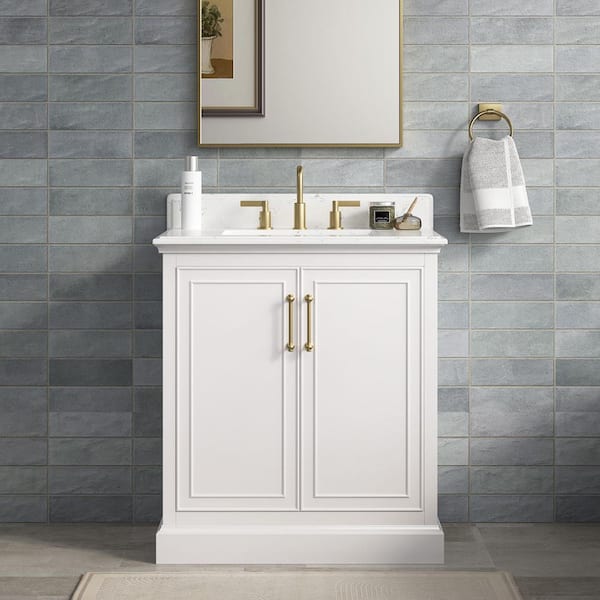 Ravenscroft 31 in. Single Sink White Swan Bath Vanity with Carrara White Engineered Stone Top (Assembled)