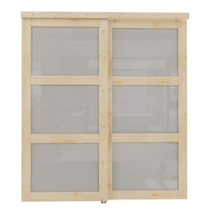 72 in. x 80 in. 5-Lite Frosted Glass Primed White Pine Wood Unfinished Interior Closet Sliding Door Hardware