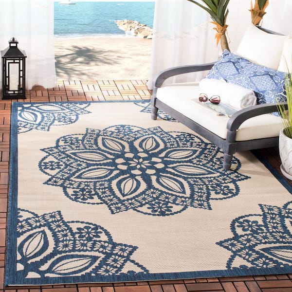Courtyard Beige/Navy Doormat 2 ft. x 4 ft. Border Indoor/Outdoor Patio Area Rug