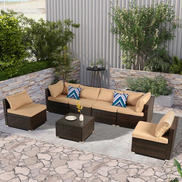 Unbranded Brown 7-Piece Wicker Outdoor Patio Conversation Set Sectional Set with Brown Cushions, Storage Box, Table