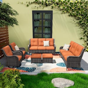 Brown 6-Piece Wicker Patio Conversation Set Rattan Seating Set with Orange Cushion