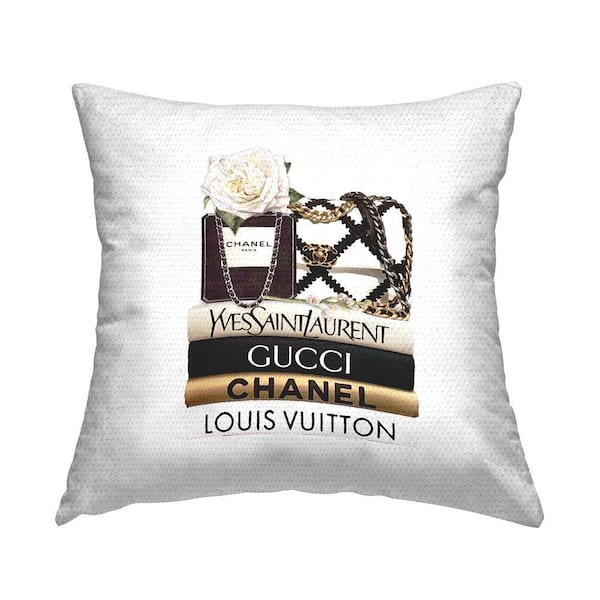 Elegant Glam Fashion Floral Bag on Bookstack Black Square Outdoor Throw Pillow