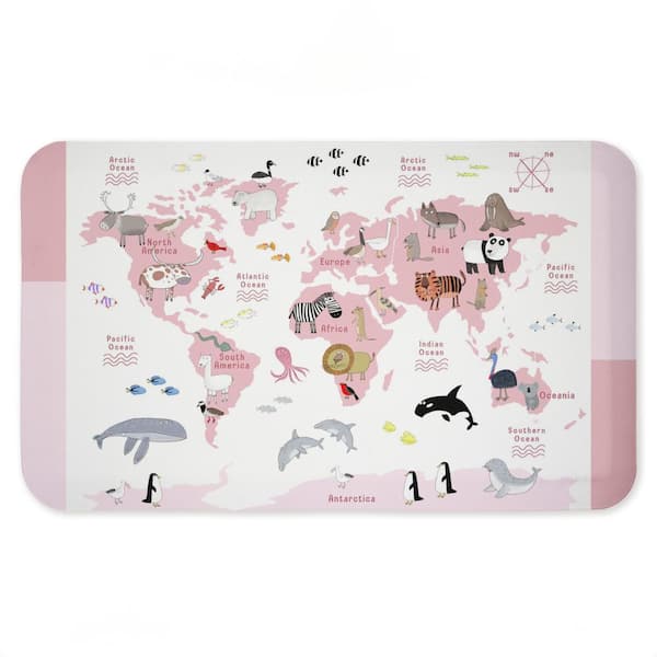 Pink World Animals Map Printed Anti-Fatigue Floor Mat, design by Carla Daly