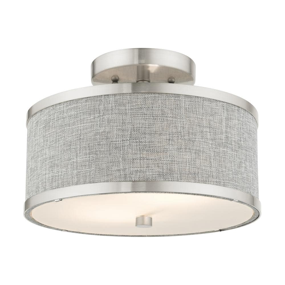 Elegant Indoor/Outdoor Brushed Nickel Drum LED Light with Grey Shade