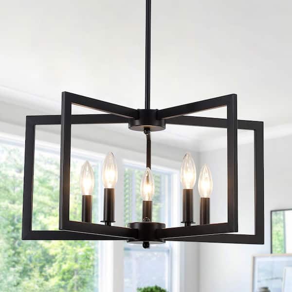 5-Light Farmhouse Rectangular Black Hanging Linear Island Chandelier Lighting for Kitchen Island