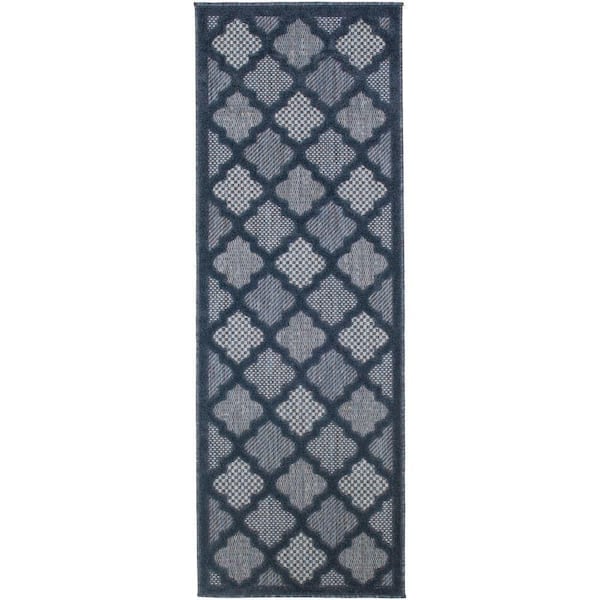 Nourison Easy Care Navy Blue 2 ft. x 6 ft. Trellis Contemporary Runner Area Rug
