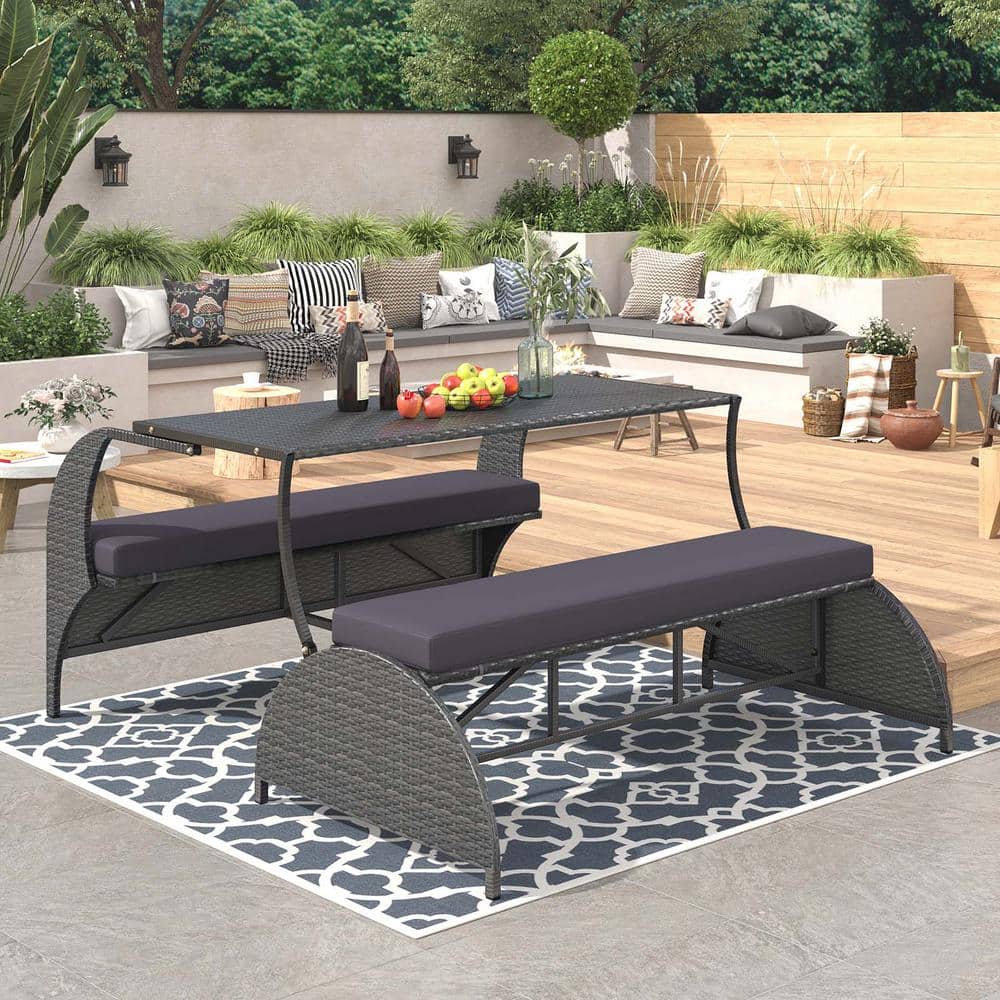 1-Piece Wicker Outdoor Dining Set Garden Table Set 2-Way Transforms from 2 